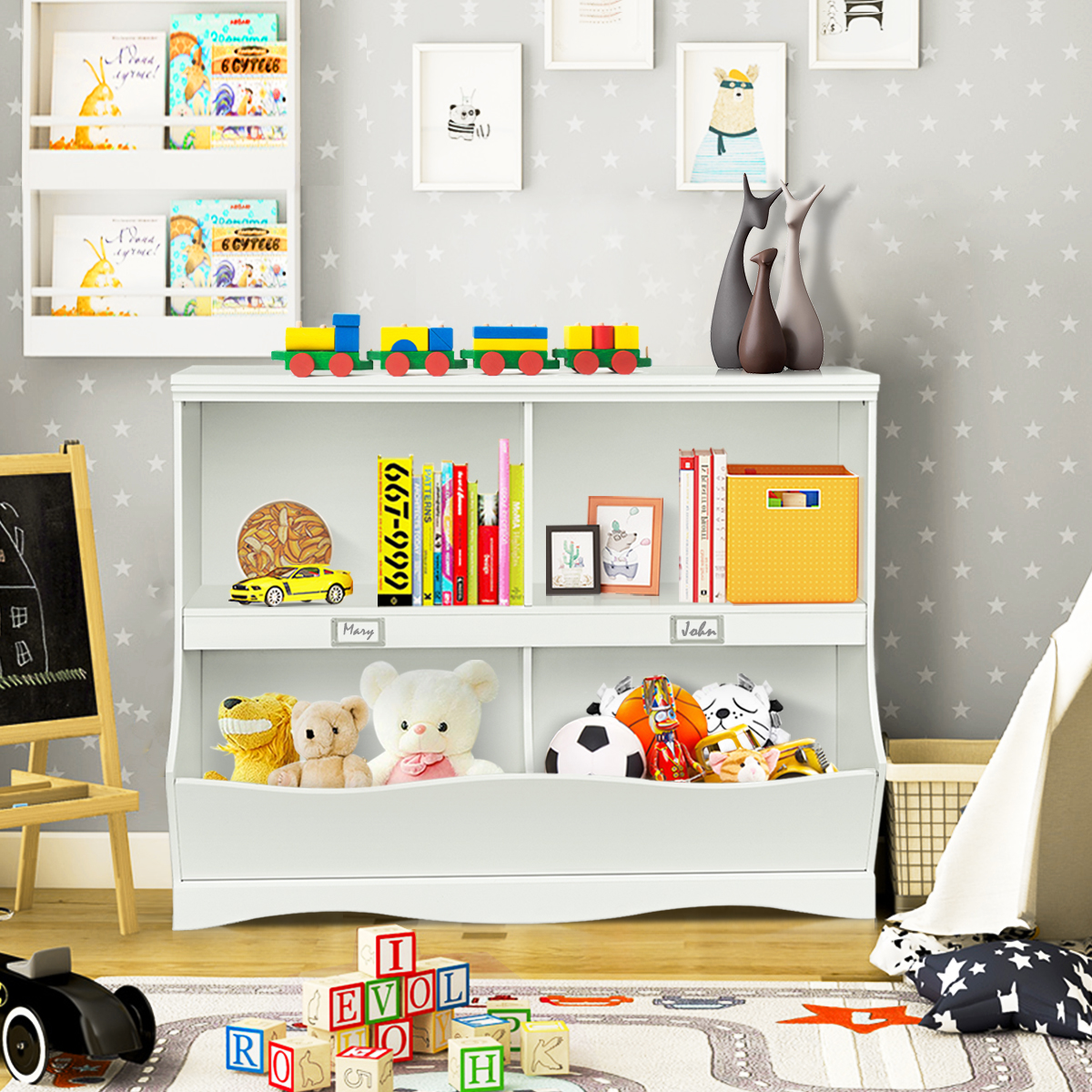 JWTR-3080-12 White Wood Kids Storage Cubby Children Books Toys Organiser Bins Scrapbooks Fun - Image 1
