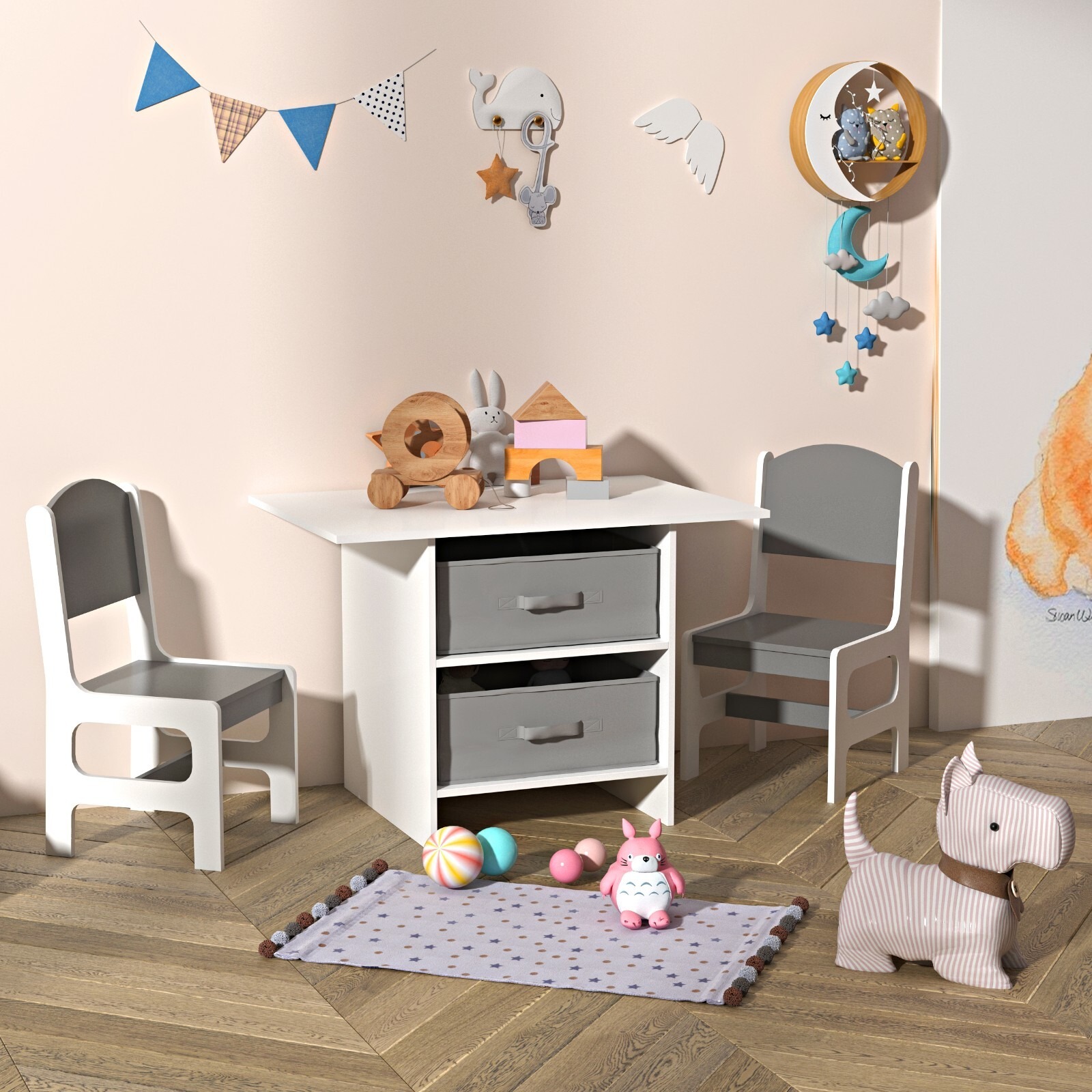 imgi_105_s-l1600 Kids Table and 2 Chairs Set Storage Children Learning Dining Activity Furniture - Image 1