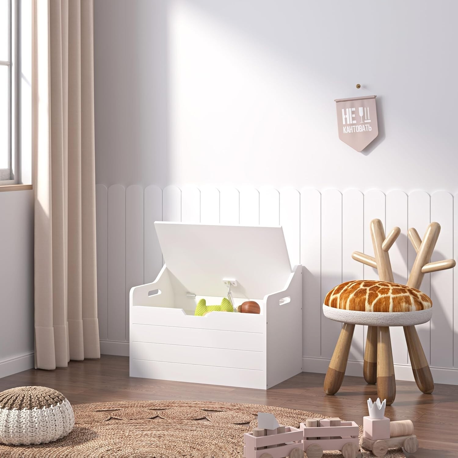 imgi_108_s-l1600 Wooden Toy Box, Kids Bench and Storage Chest Organizer with Safety Hinged Lid - Image 1