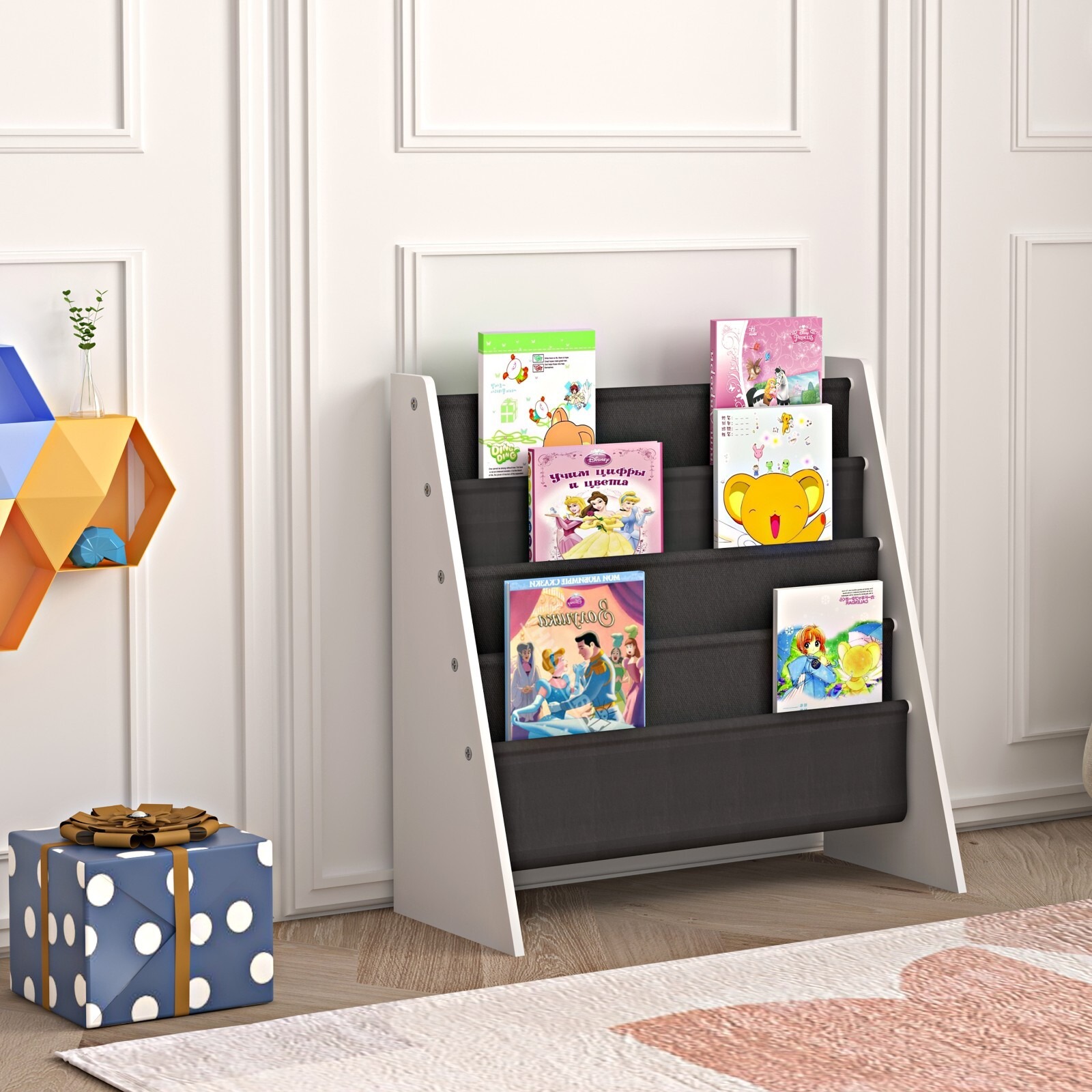 imgi_116_s-l1600 4 Tier Children Sling Book Rack Bookshelf Wooden Kids Book Rack Storage Shelf - Image 1