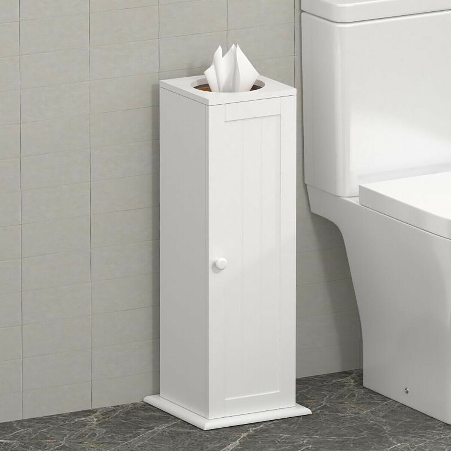 imgi_122_s-l1600 Free Standing Toilet Paper Roll Holder Stand Wood Bathroom Storage Cabinet White - Image 1