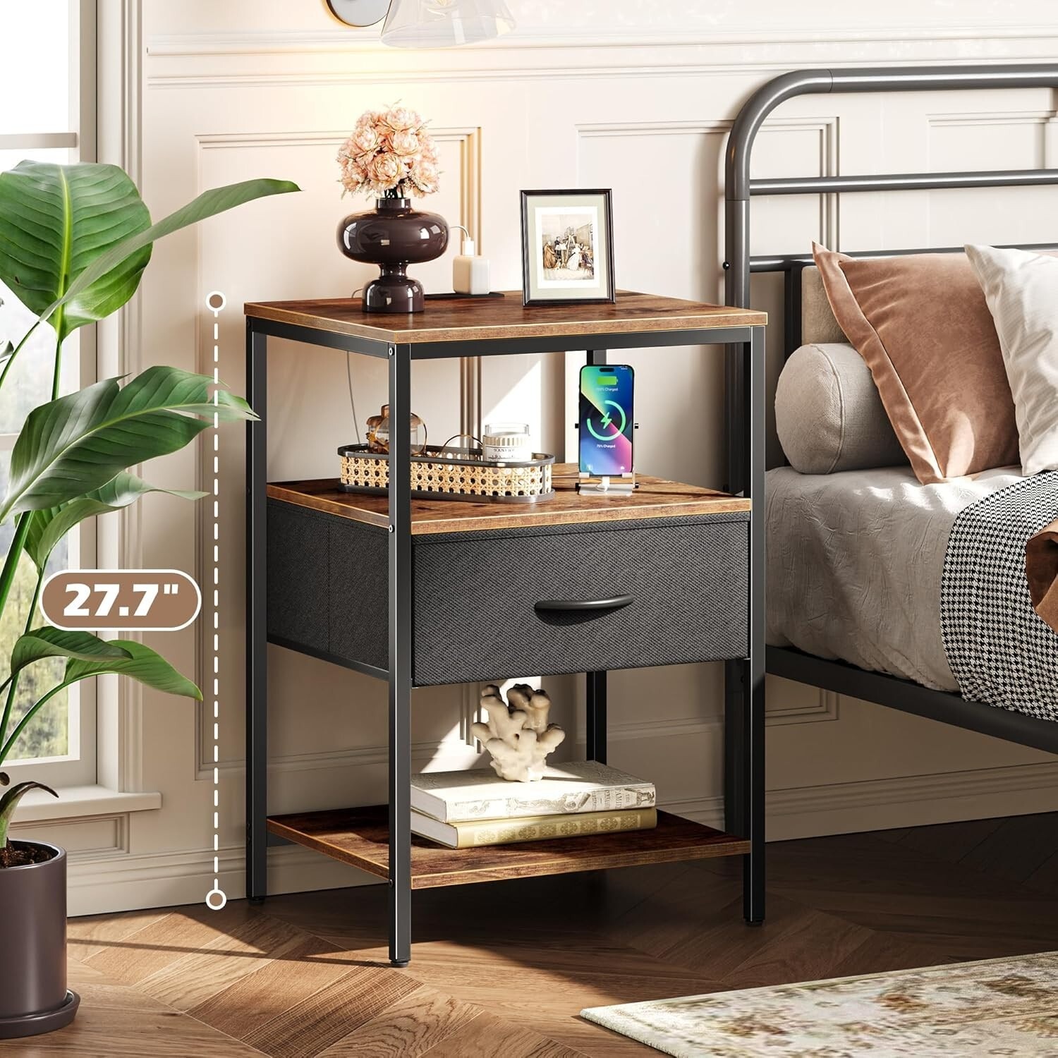 imgi_127_s-l1600 Bedside Table with Charging Station, Side Table Nightstand 1 Drawers Industrial - Image 1