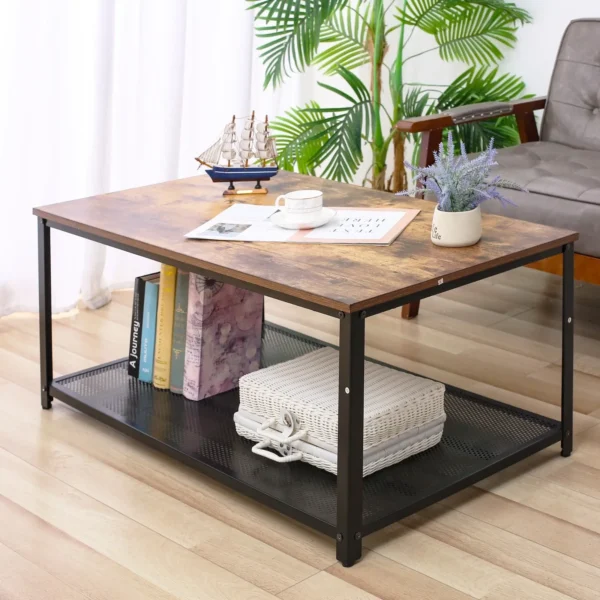 2-Tier Wooden Coffee Table Retro Industrial Style Side Desk Living Room Shelf